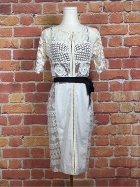 Beguile By Bryson Lars Ivory Lace Sheath Dress with Black Waist Tie